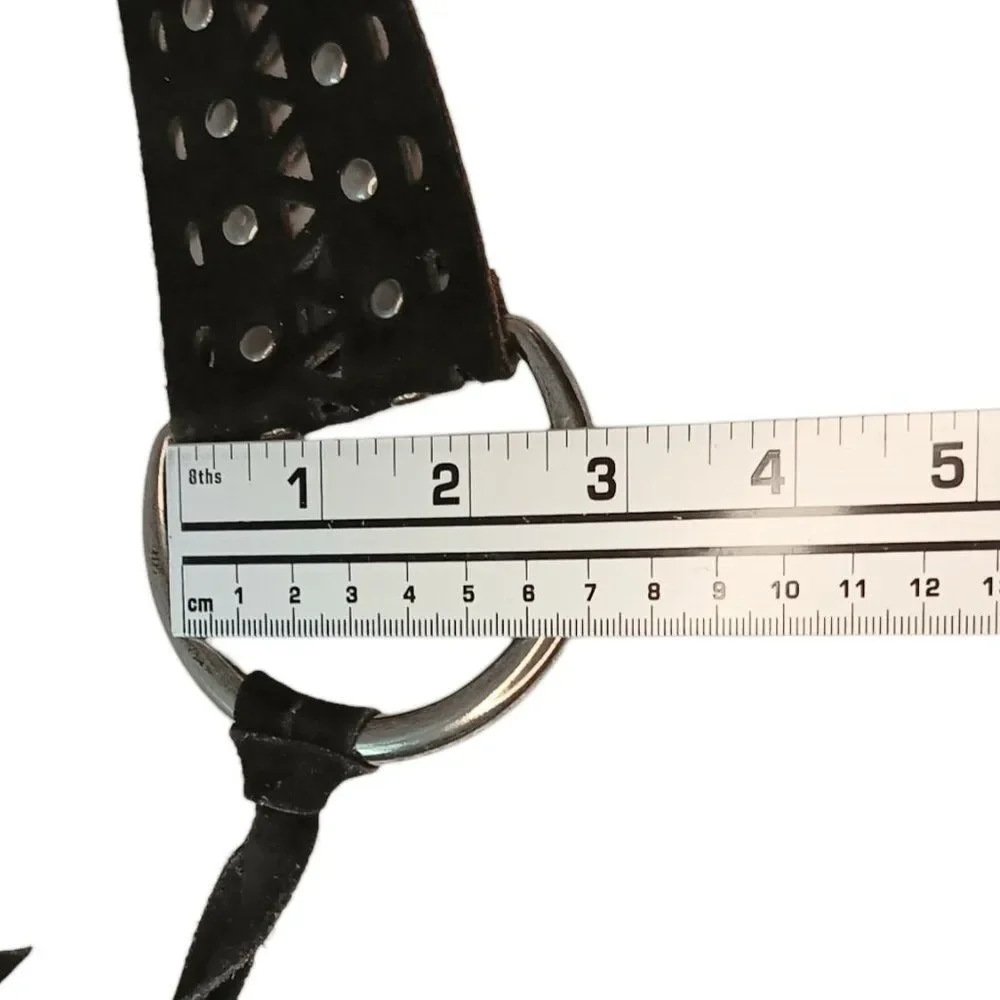 SOLD - Black Leather Belt Cutouts Silver Studs Large Silver Rings Tassles Italy - Picture 10 of 10